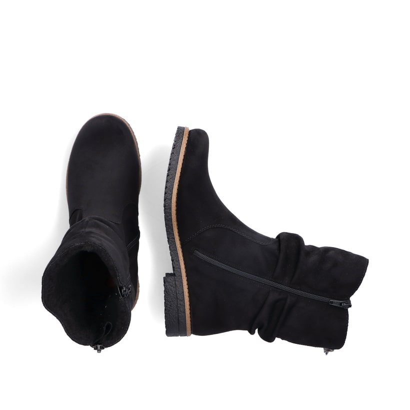 Schwarze Rieker Damen Kurzstiefel 73560-00 mit geraffter Optik. Schuh von oben, liegend.