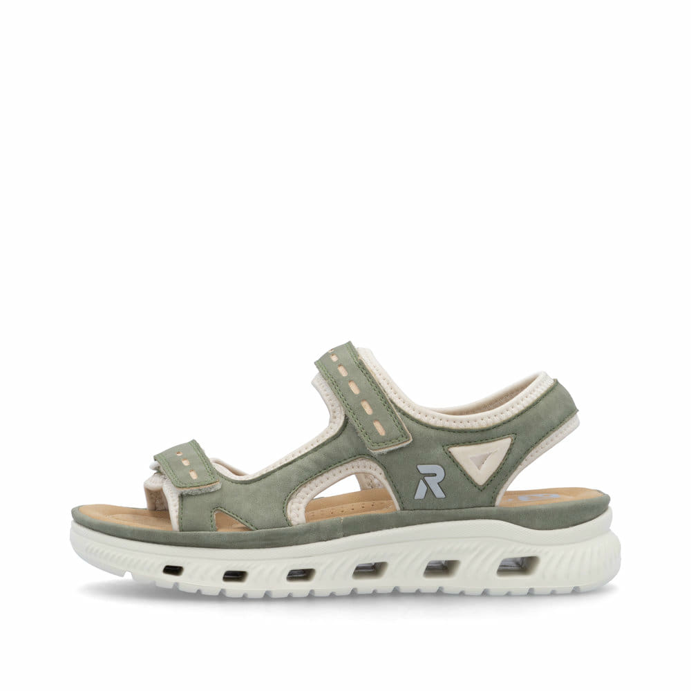 Grüne Rieker Damen Trekkingsandalen 64066-52 mit einem Klettverschluss. Schuh Außenseite.