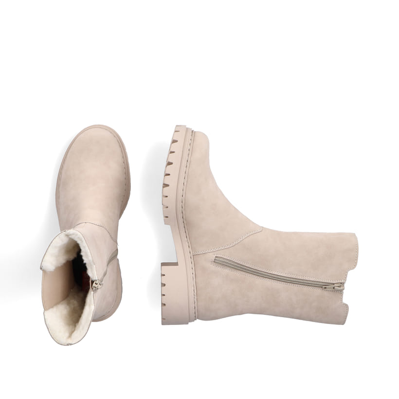 Hellbeige Rieker Damen Chelsea Boots 72683-62 mit einem Reißverschluss. Schuh von oben, liegend.