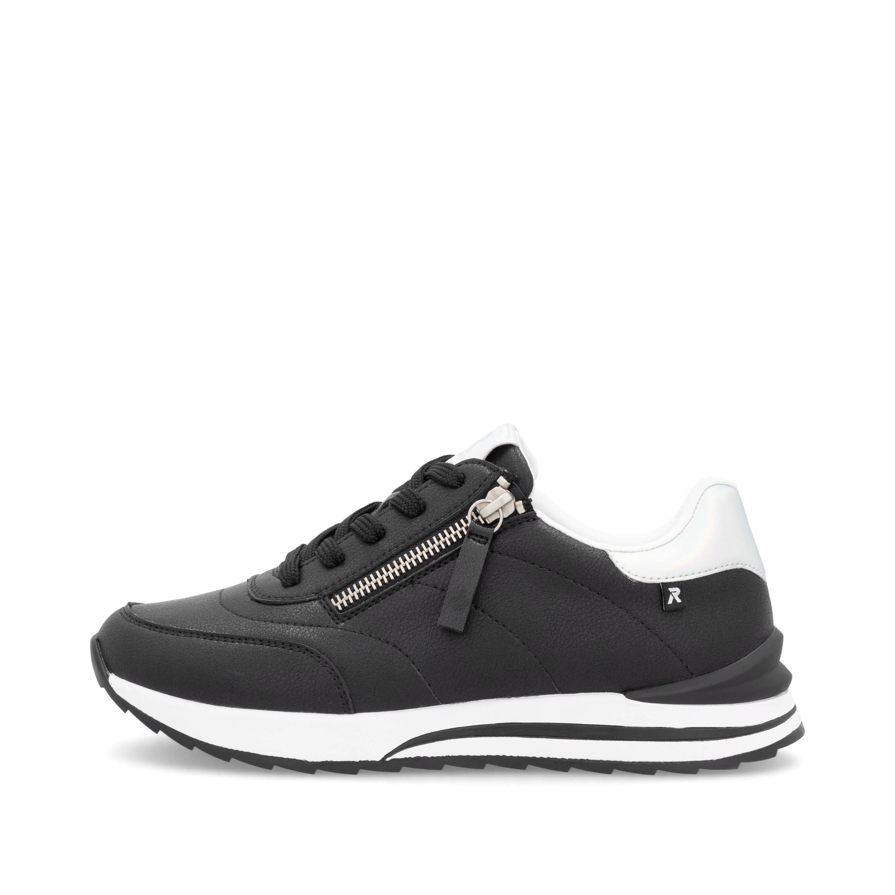 Schwarze Rieker Damen Sneaker Low W2402-00 mit einem Reißverschluss. Schuh Außenseite.
