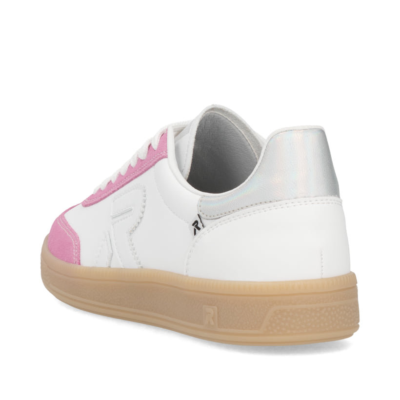 Weiße Rieker Damen Sneaker Low W2200-86 mit Schnürung sowie abriebfester Sohle. Schuh von hinten.