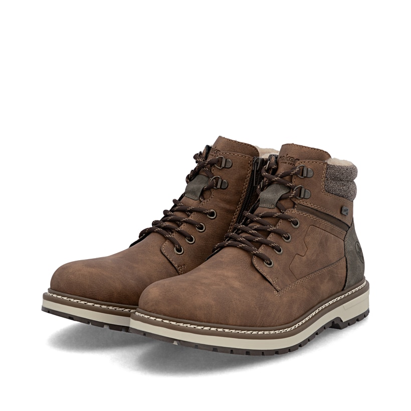 Dunkelbraune Rieker Herren Schnürstiefel F3811-24 mit einem Reißverschluss. Schuhpaar seitlich schräg.