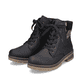 
Graphitschwarze Rieker Damen Schnürstiefel Y7418-00 mit einer robusten Profilsohle. Schuhpaar schräg.