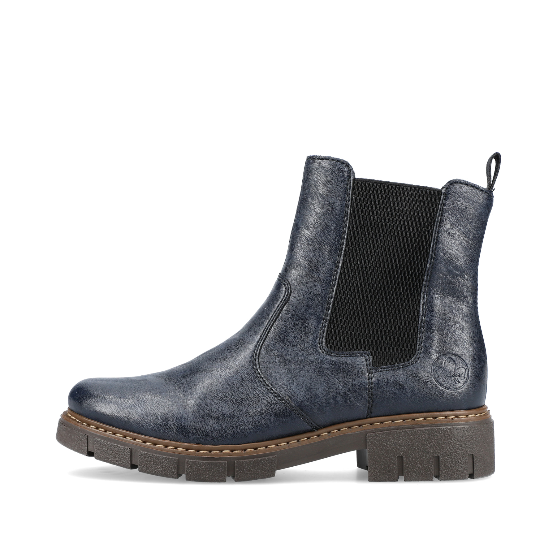 Schieferblaue Rieker Damen Chelsea Boots Z3561-14 mit einer schockabsorbierenden Sohle. Schuh Außenseite