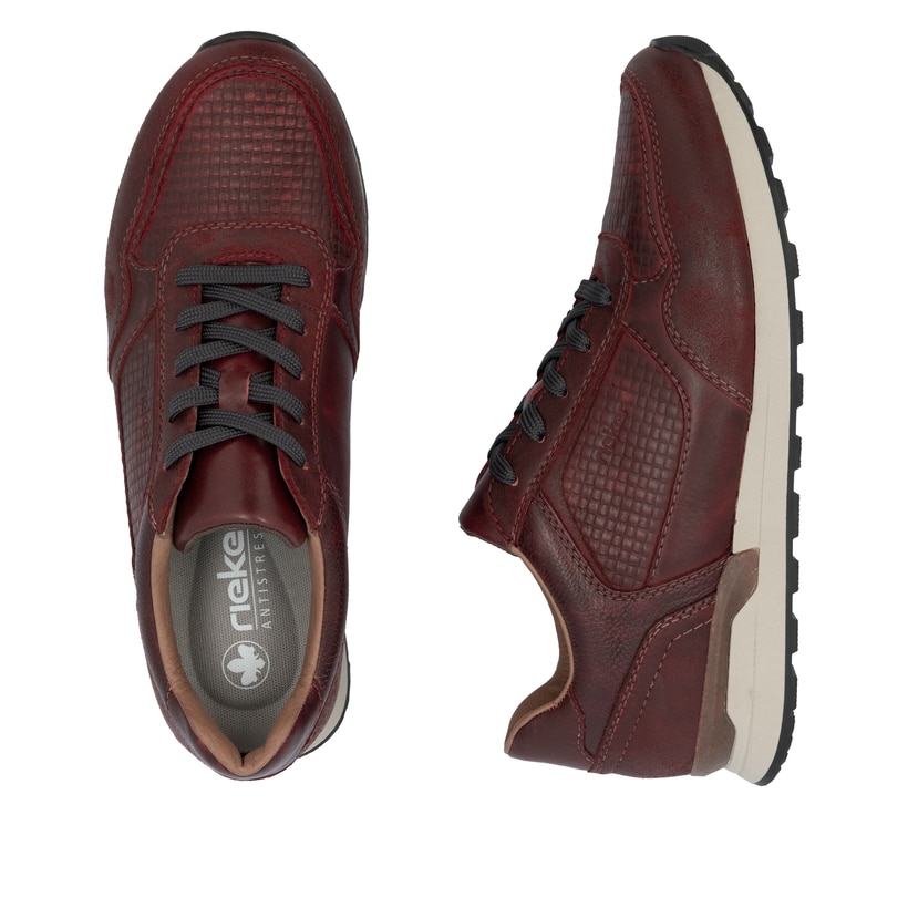 Rote Rieker Herren Sneaker Low U0311-35 aus Glattleder mit einer Schnürung. Schuh von oben, liegend.