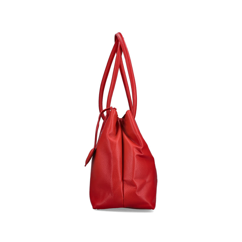 Sac à main Rieker H1021-33 rouge avec détails argentés, pendentif en forme de cœur et fermeture éclair. Côté droit.