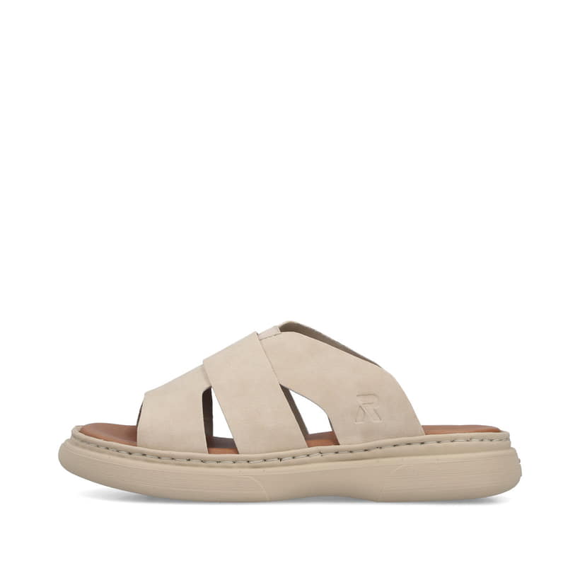 Beige Rieker Damen Pantoletten V3089-62 mit Gummizug sowie ultraleichter Sohle. Schuh Außenseite.
