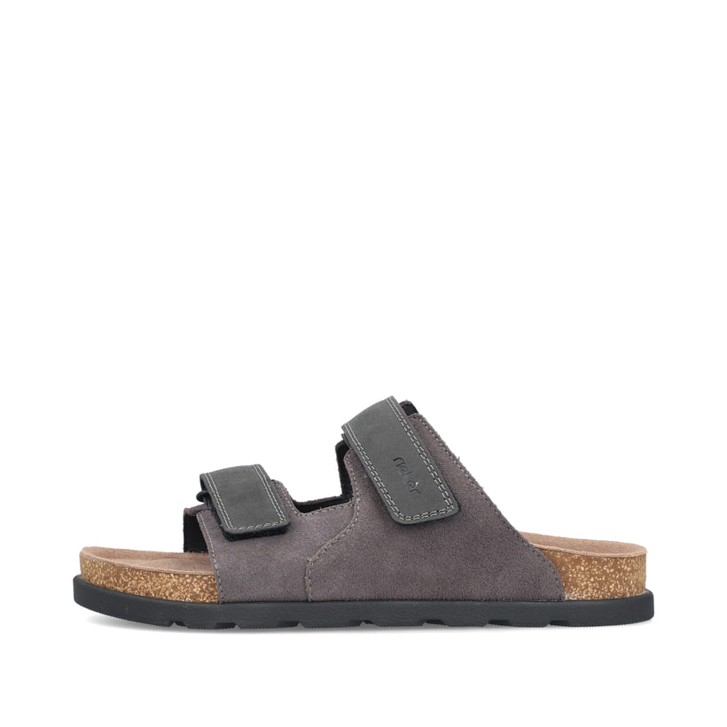 Graue Rieker Herren Pantoletten 21160-45 mit Klettverschluss sowie Extraweite H. Schuh Außenseite.