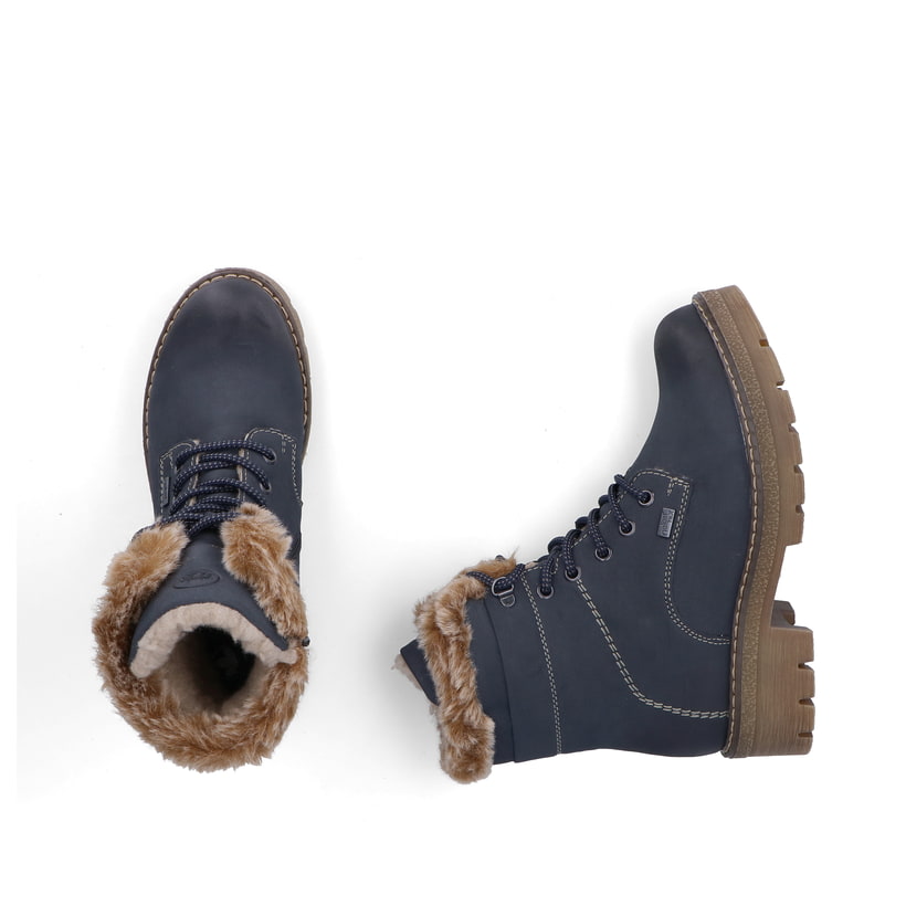 Blaue Rieker Damen Schnürstiefel Y8140-14 mit wasserabweisender TEX-Membran. Schuh von oben, liegend.