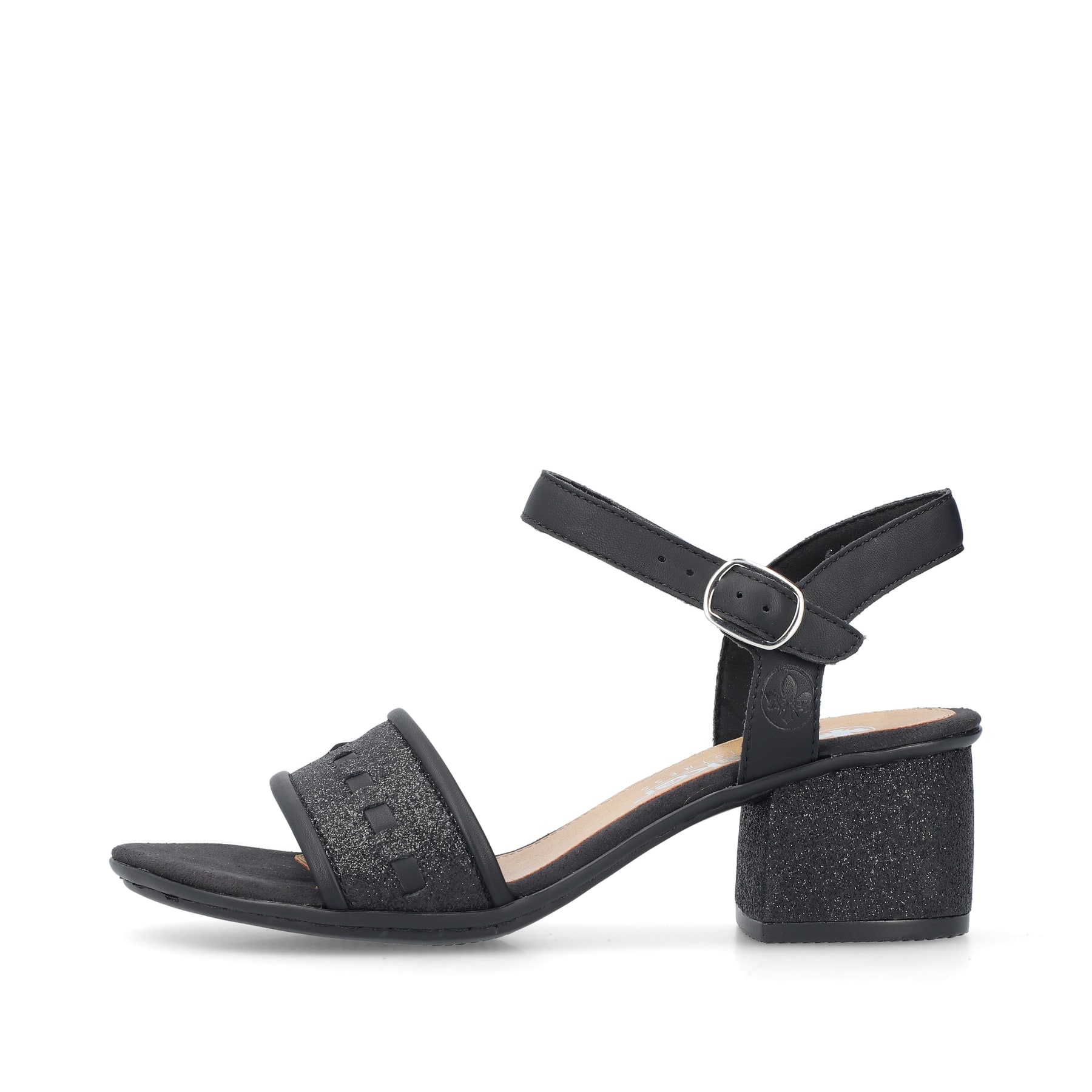 Asphaltschwarze Rieker Riemchensandaletten 64653-00 mit einer Schnalle. Schuh Außenseite.