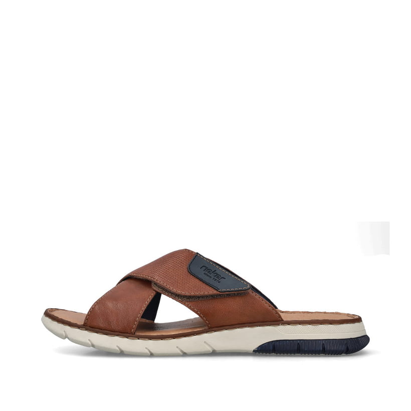 Braune Rieker Herren Pantoletten 25283-22 mit einem Klettverschluss. Schuh Außenseite.