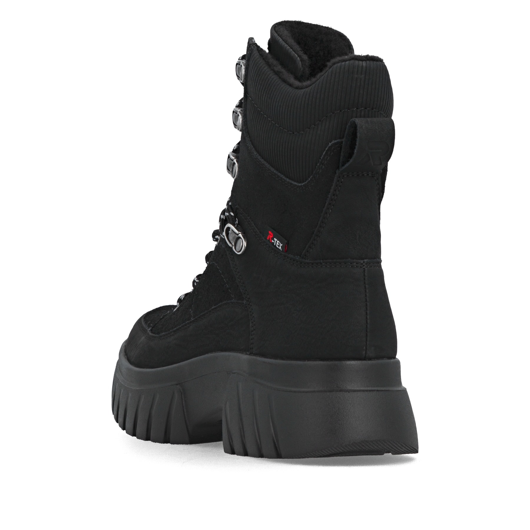 Schwarze Rieker Damen Schnürstiefel W1871-00 mit wasserabweisender TEX-Membran. Schuh von hinten.