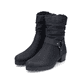 Mattschwarze Rieker Damen Kurzstiefel Y1760-00 mit geraffter Optik. Schuhpaar seitlich schräg.