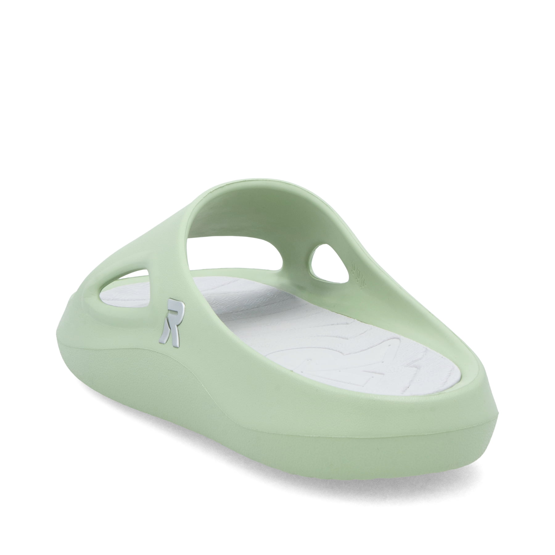 Grüne Rieker Damen Pantoletten W3450-52 mit flexibler und ultraleichter Sohle. Schuh von hinten.