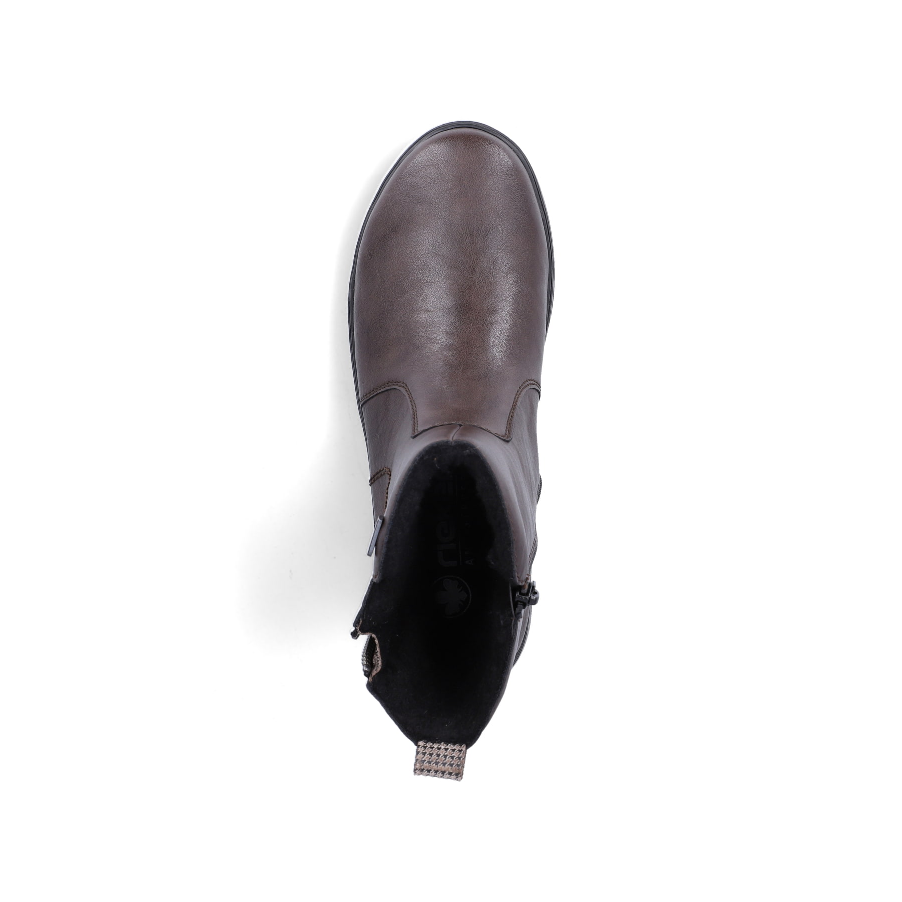 Dunkelbraune Rieker Damen Kurzstiefel Z0074-25 mit wasserabweisender TEX-Membran. Schuh von oben.