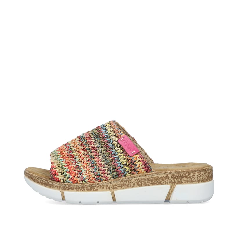 Mehrfarbige vegane Rieker Damen Pantoletten V2369-90 mit schmaler Passform E 1/2. Schuh Außenseite.
