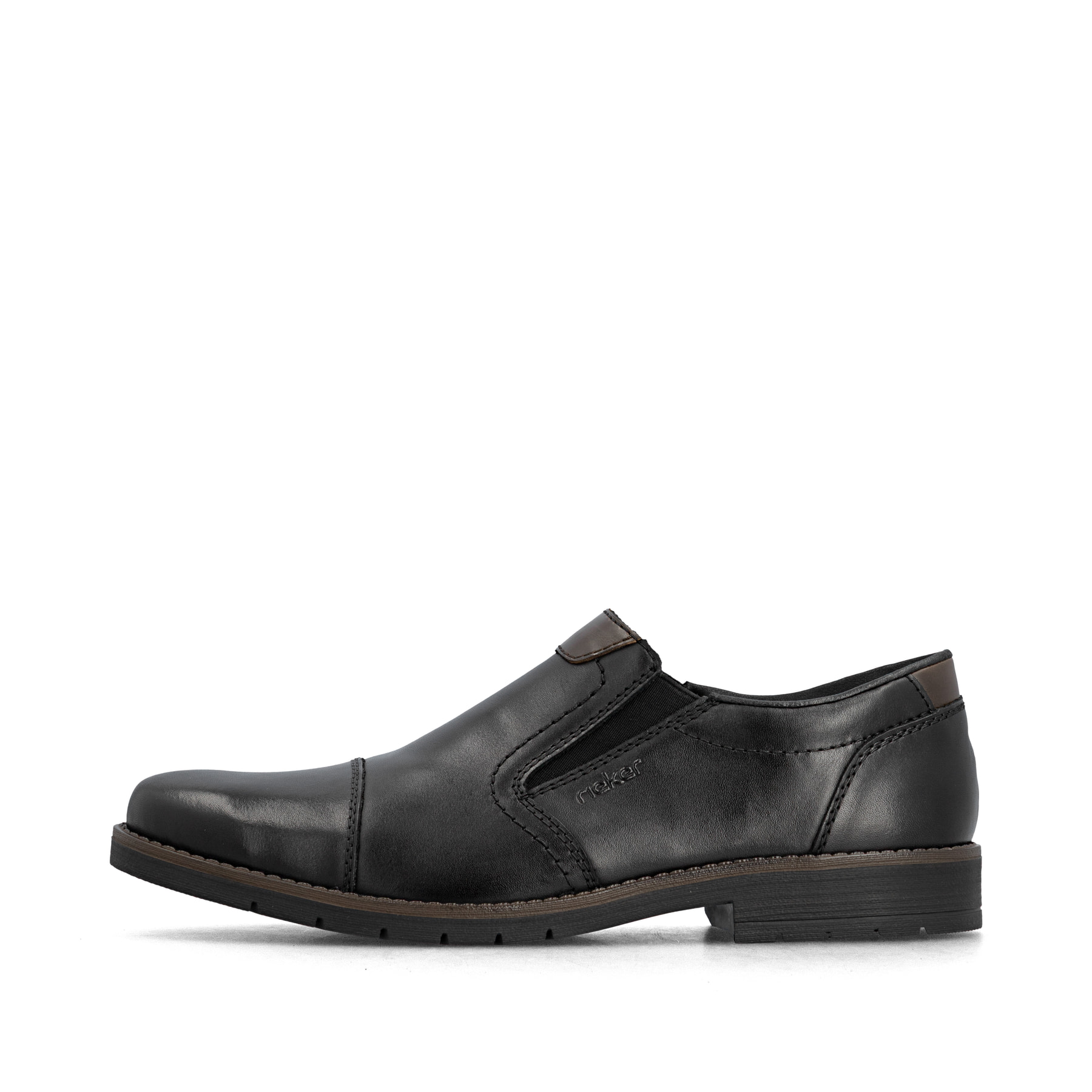 Mocassins Rieker noirs hommes 13950-00 en cuir lisse avec bande élastique. Côté extérieur de la chaussure.