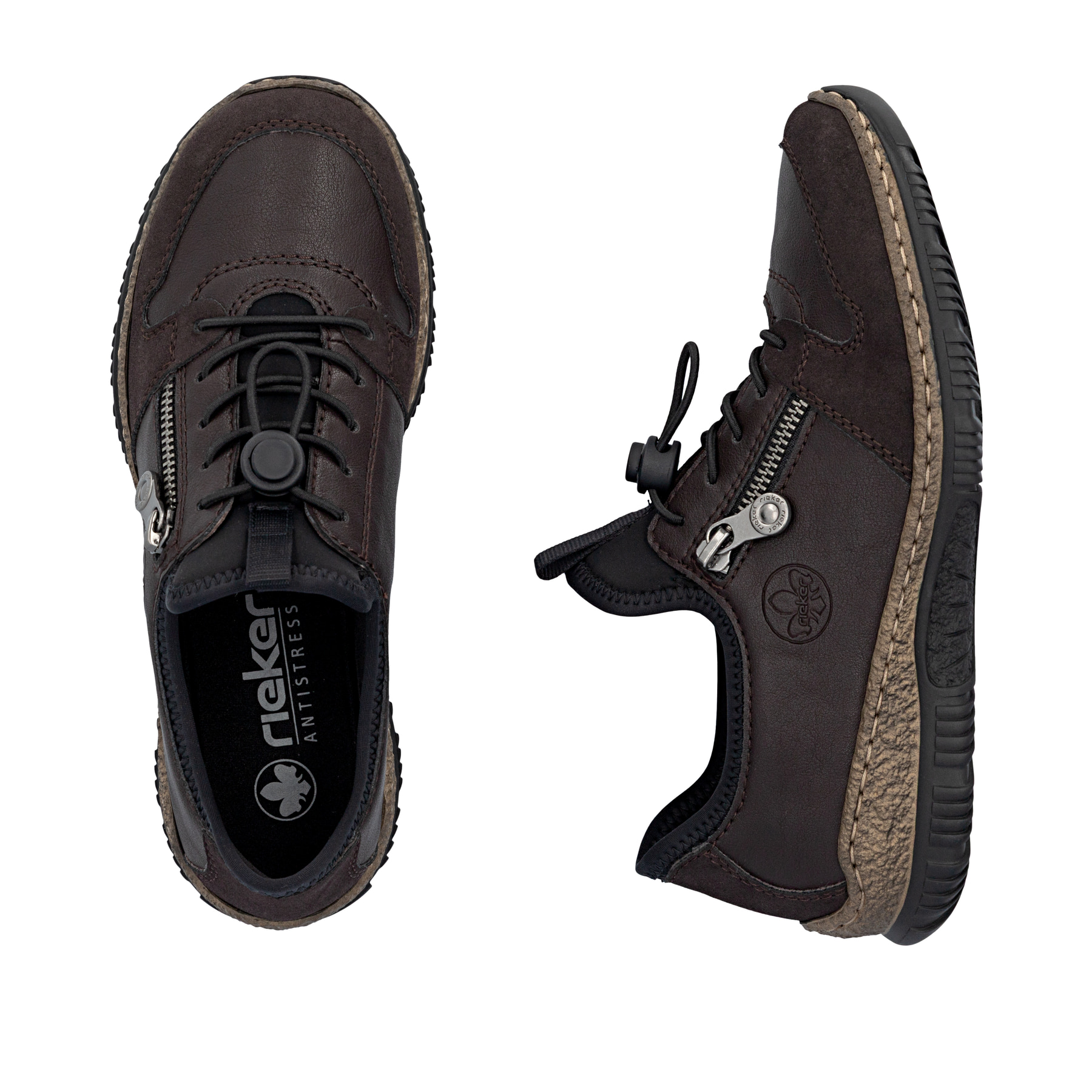 Dunkelbraune Rieker Damen Slipper N32G0-25 mit Deko-Reißverschluss. Schuh von oben, liegend.