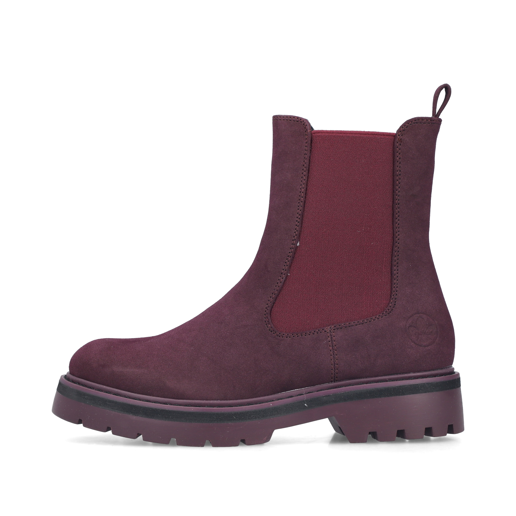 Brombeerfarbene Rieker Damen Chelsea Boots 91580-30 mit einem Reißverschluss. Schuh Außenseite.