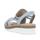 Mehrfarbige Rieker Keilsandaletten V1241-91 mit einem Gummizug. Schuh von hinten.