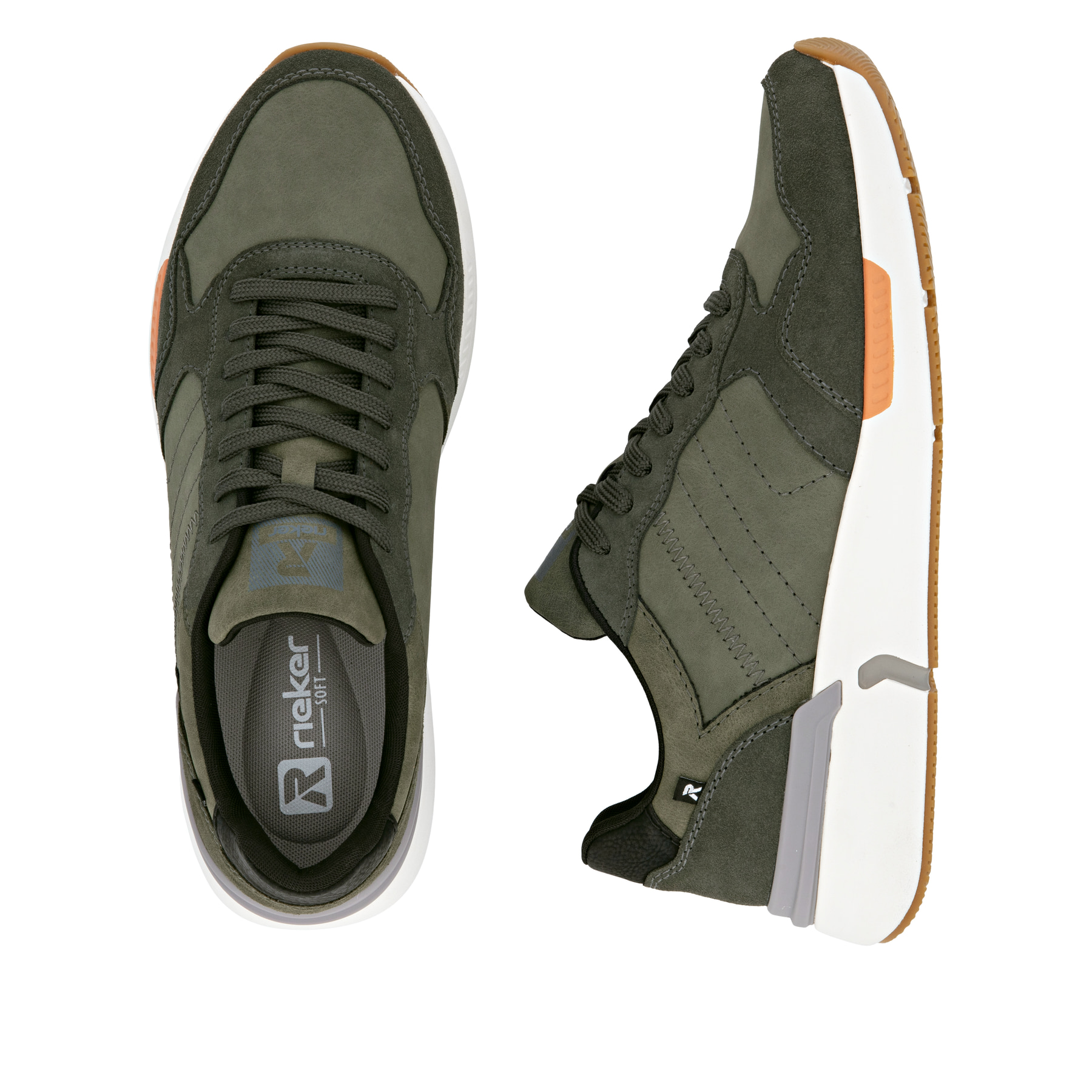 Grüne Rieker Herren Sneaker Low U1401-54 mit Schnürung sowie ultraleichter Sohle. Schuh von oben, liegend.