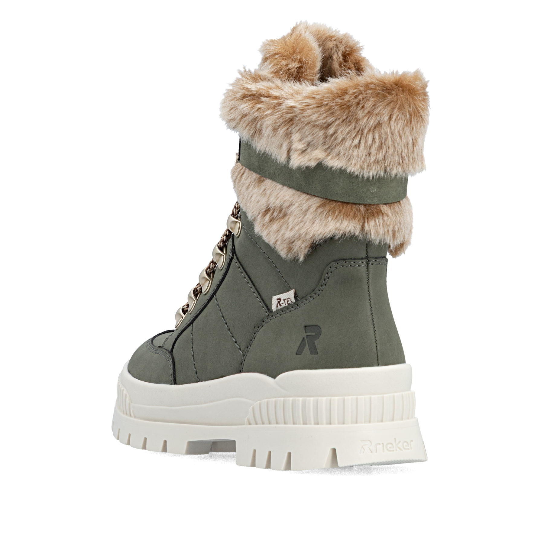 Khakifarbene Rieker Damen Schnürstiefel W2100-54 aus Rauleder. Schuh von hinten.
