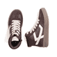 Braun-weiße Rieker Damen Sneaker High L2530-25 mit flauschigen Schnürsenkeln. Schuh von oben, liegend.