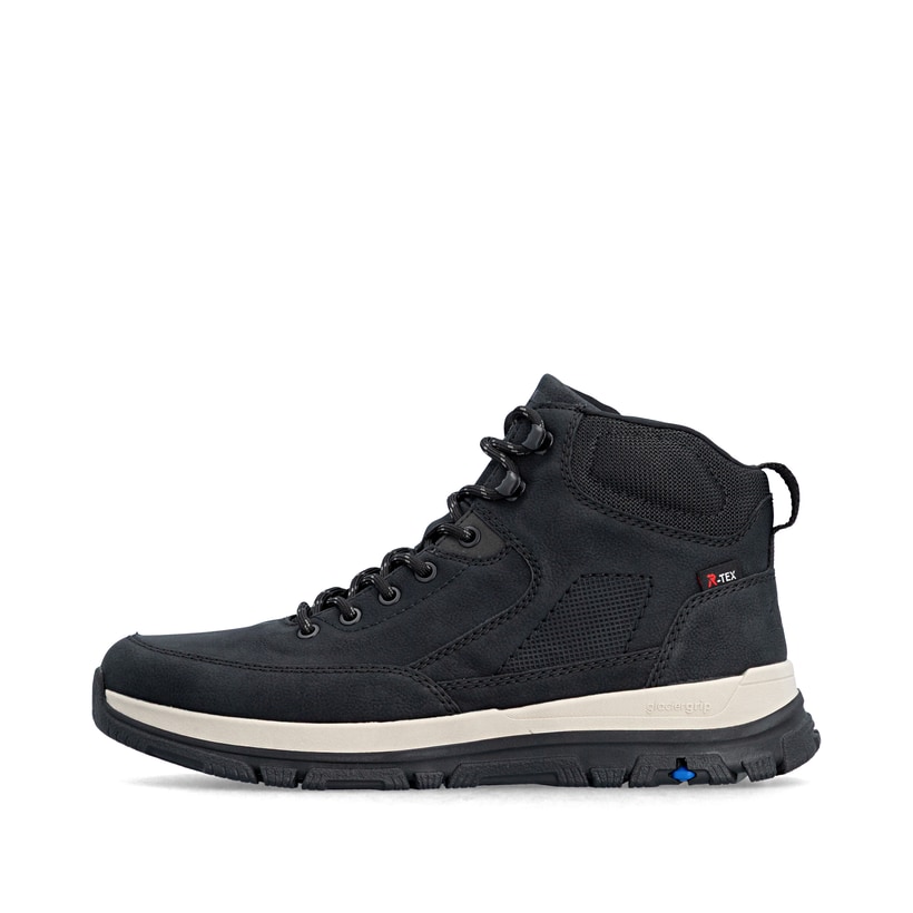 Schwarze Rieker Herren Schnürstiefel B9501-00 mit dem umdrehbaren Glacier Grip. Schuh Außenseite.