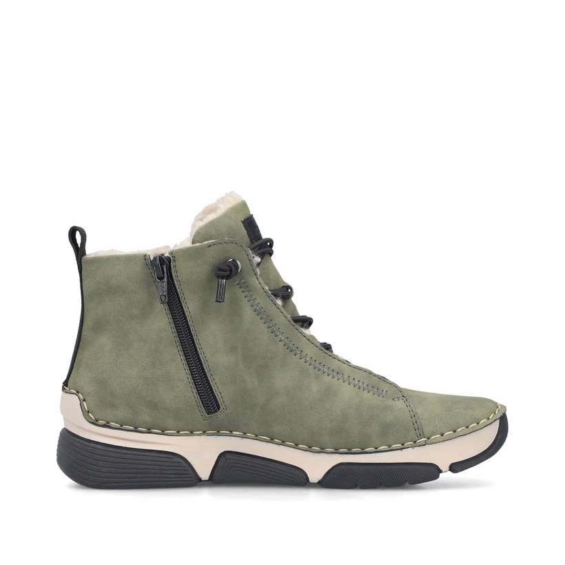 Khaki-schwarze Rieker Damen Schnürstiefel 45912-54 mit markanter Anflechter-Naht. Schuh Innenseite.