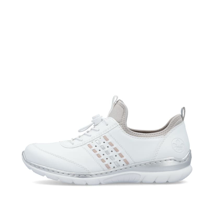 Weiße Rieker Damen Slipper L3259-80 mit einem Gummizug. Schuh Außenseite.