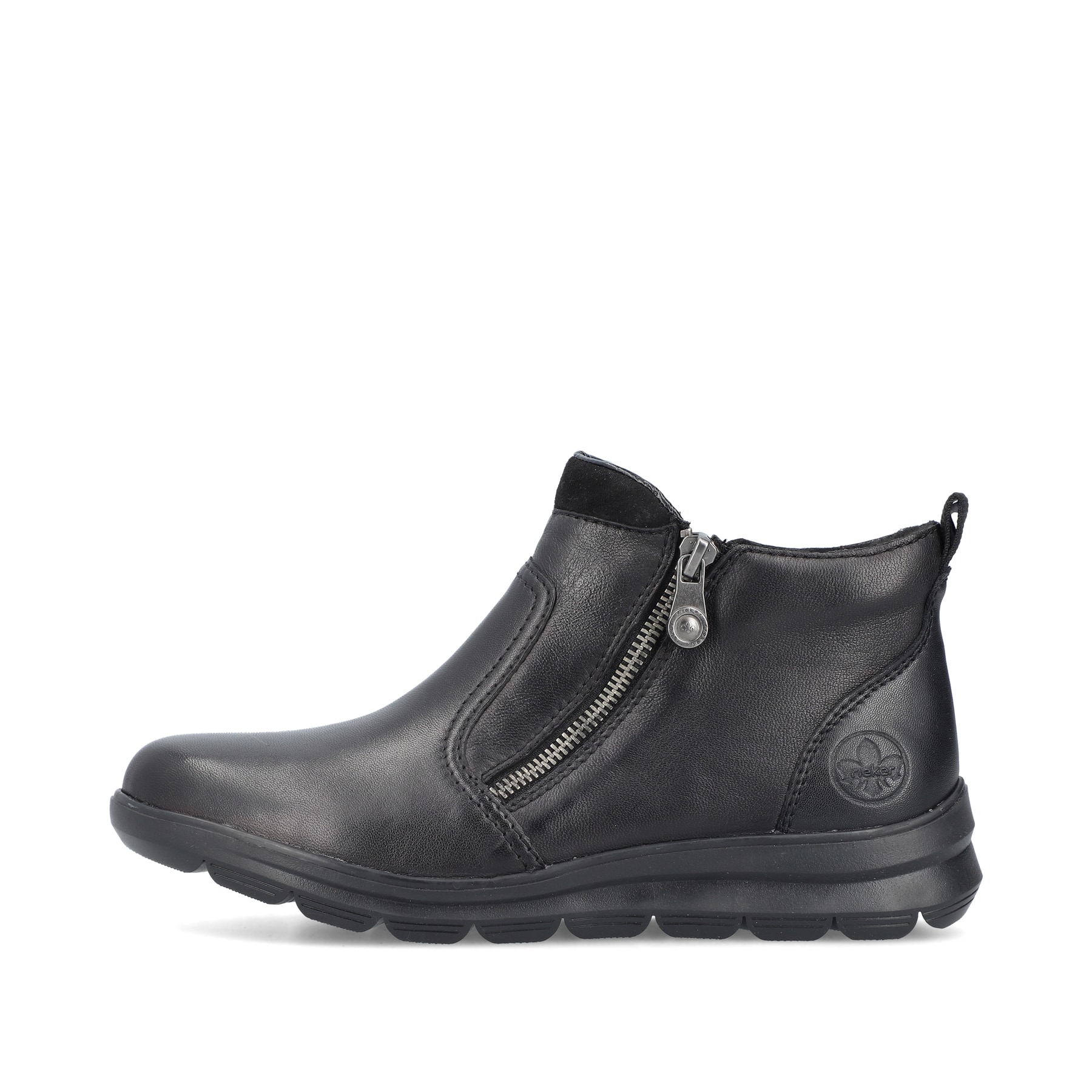 Schwarze Rieker Damen Kurzstiefel Z0060-00 aus Glattleder mit Reißverschluss. Schuh Außenseite.