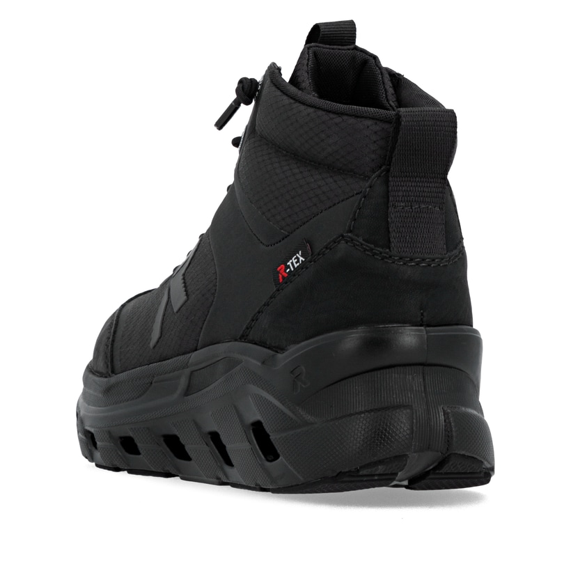 Schwarze Rieker Damen Sneaker High W3570-01 mit wasserabweisender TEX-Membran. Schuh von hinten.