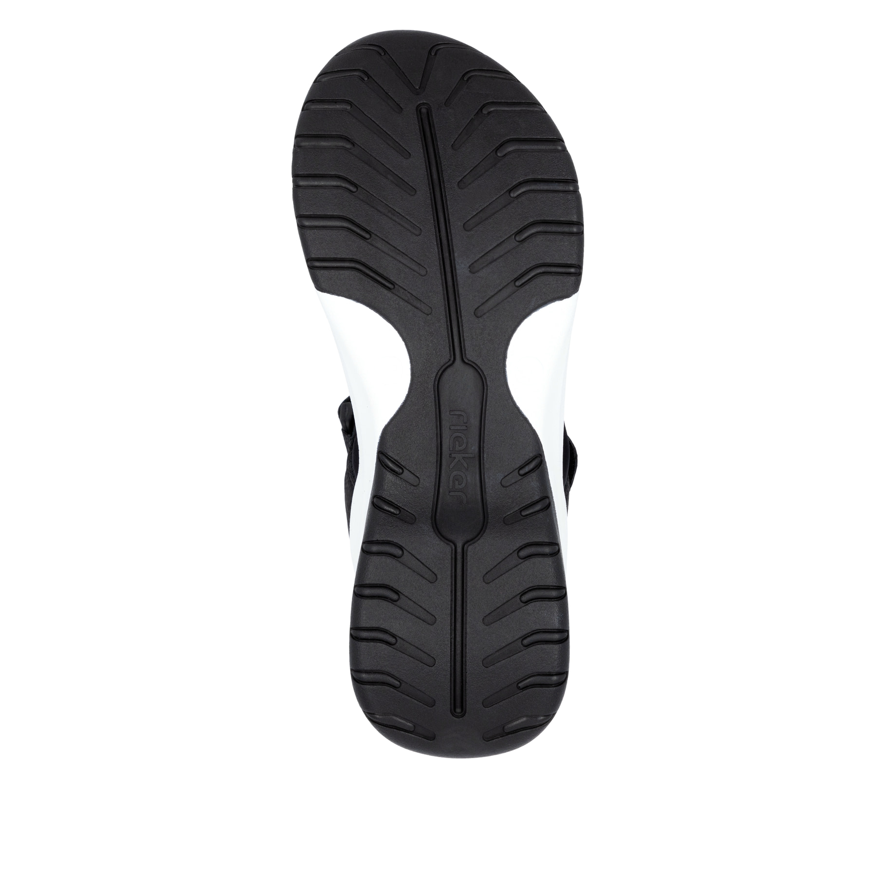 Schwarze vegane Rieker Damen Trekkingsandalen W3151-01 mit einem Klettverschluss. Schuh Laufsohle.
