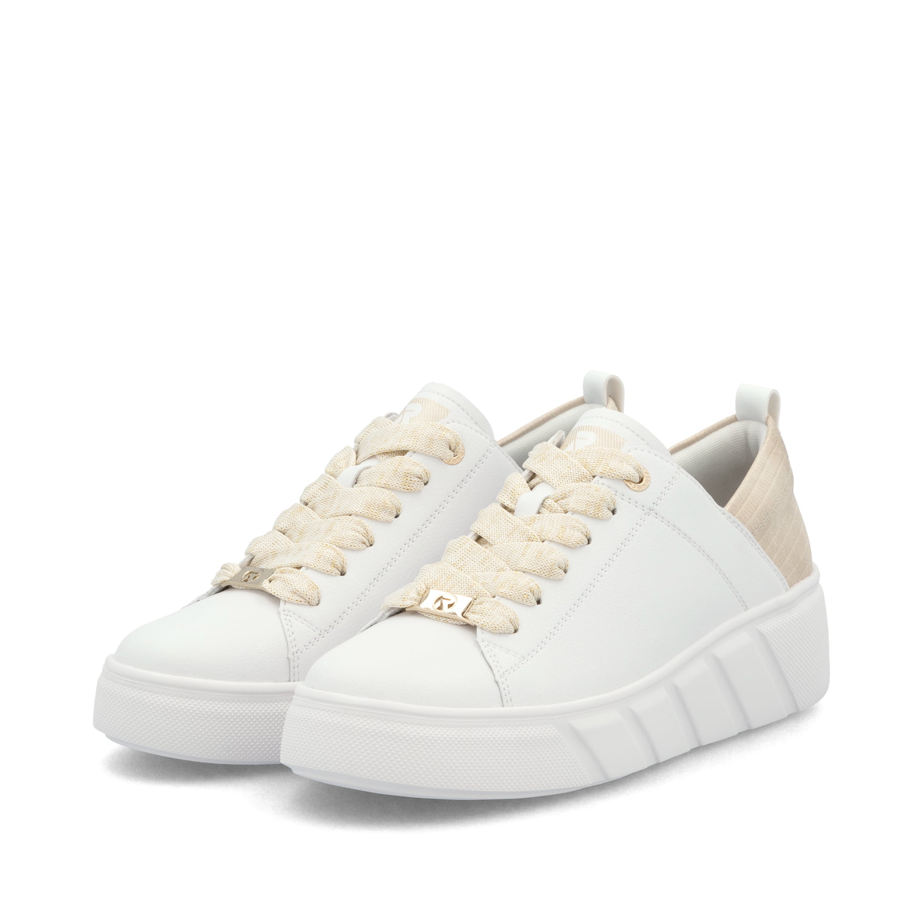Weiße Rieker Damen Sneaker Low W2602-81 mit einer Schnürung. Schuhpaar seitlich schräg.