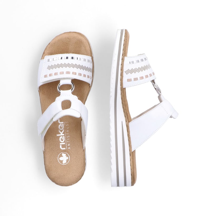Mules Rieker blanches pour femme V0636-80 avec fermeture velcro. Chaussure vue de dessus, couchée.