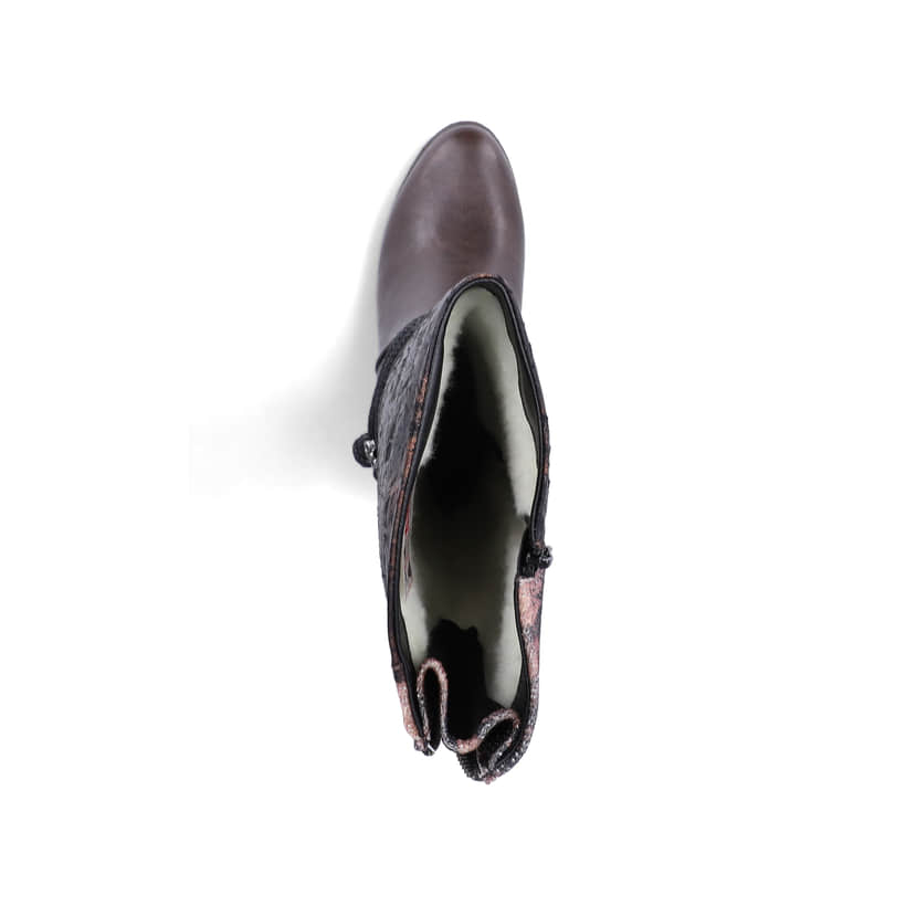 Brombeerfarbene Rieker Damen Hochschaftstiefel 96059-90 mit floralem Aufdruck. Schuh von oben.