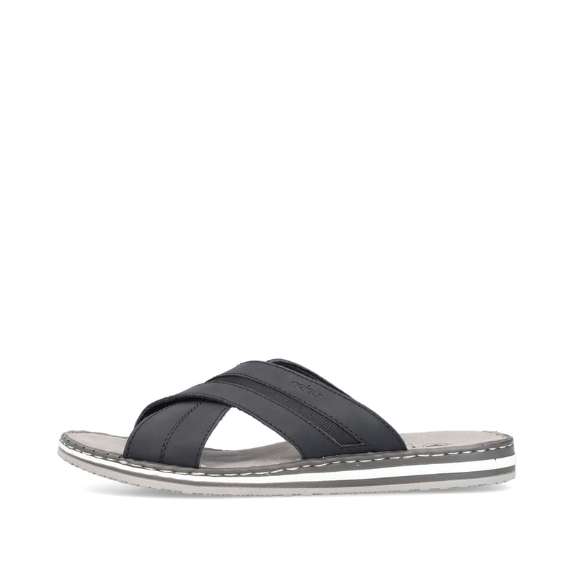 Stahlschwarze Rieker Herren Pantoletten 21560-00 mit der Komfortweite G. Schuh Außenseite.