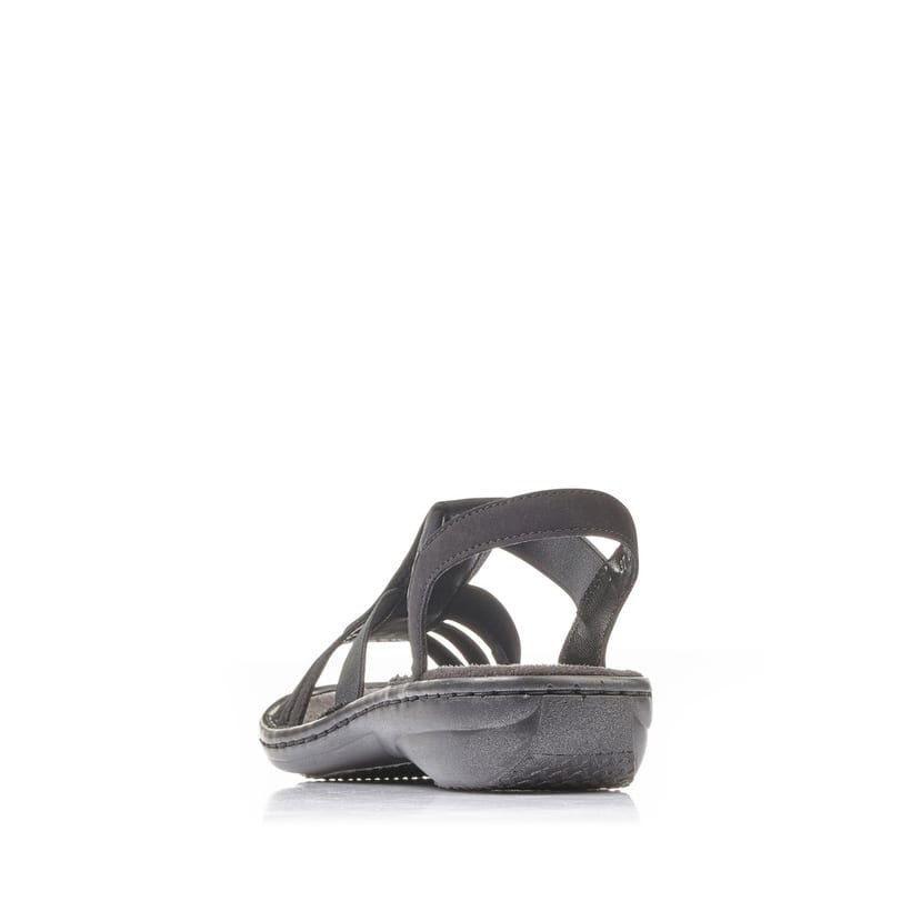 Sandales à lanières Rieker noires femme 60870-00 avec bande élastique. Chaussure vue de l'arrière.