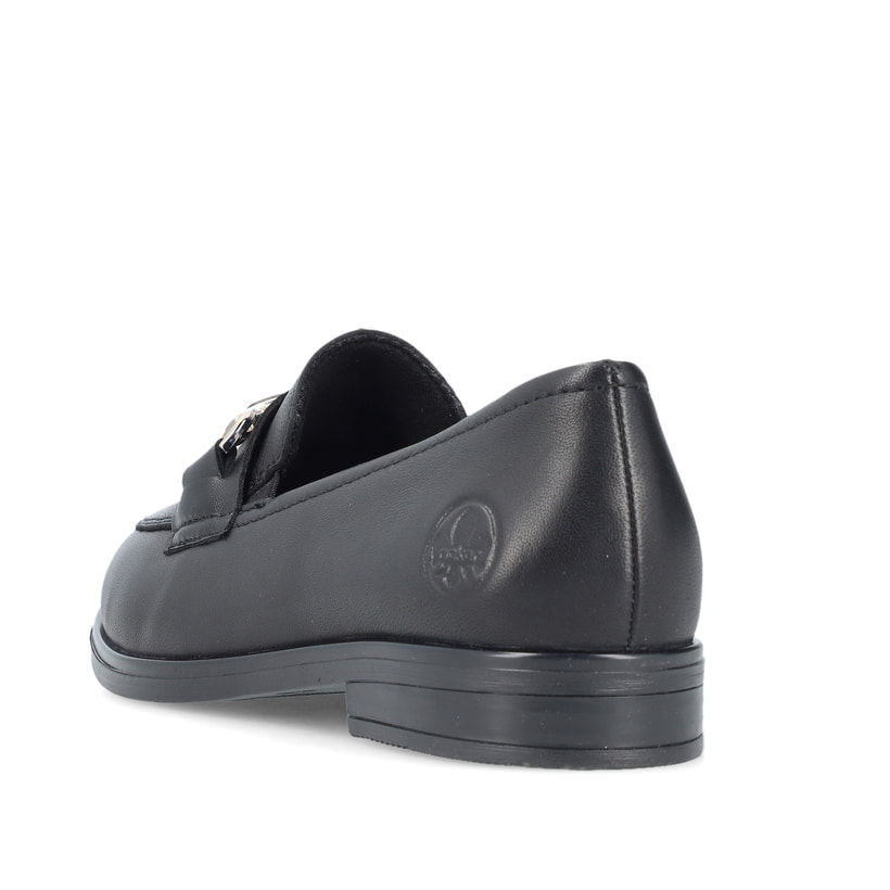 Mocassins Rieker noirs pour femme 46262-01 en cuir lisse. Chaussure vue de l'arrière.