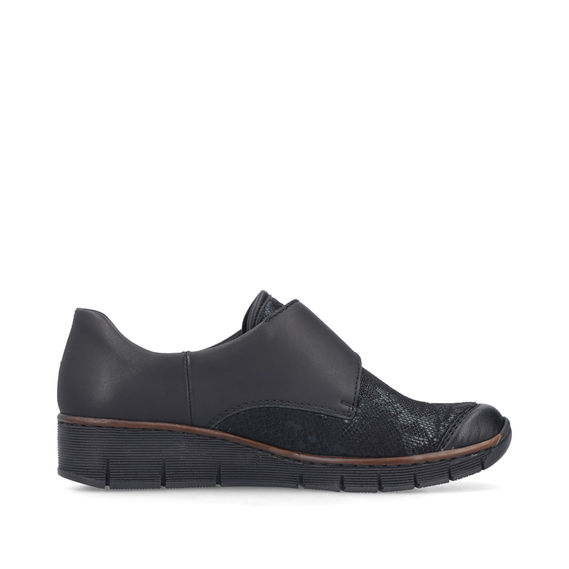 Schwarze Rieker Damen Slipper 537C0-02 mit einem Klettverschluss. Schuh Innenseite.