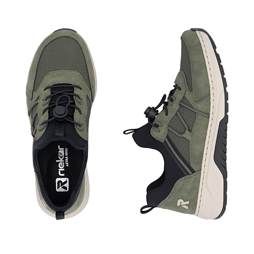 Khaki-schwarze Rieker Damen Slipper 53153-54 mit Gummizug sowie der Extraweite H. Schuh von oben, liegend.