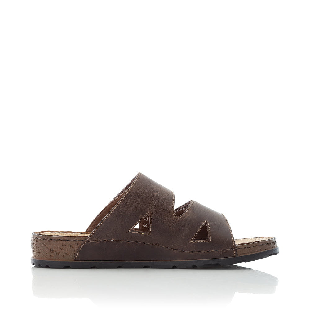 Braune Rieker Herren Pantoletten 25691-25 aus Rauleder mit einem Klettverschluss. Schuh Innenseite.