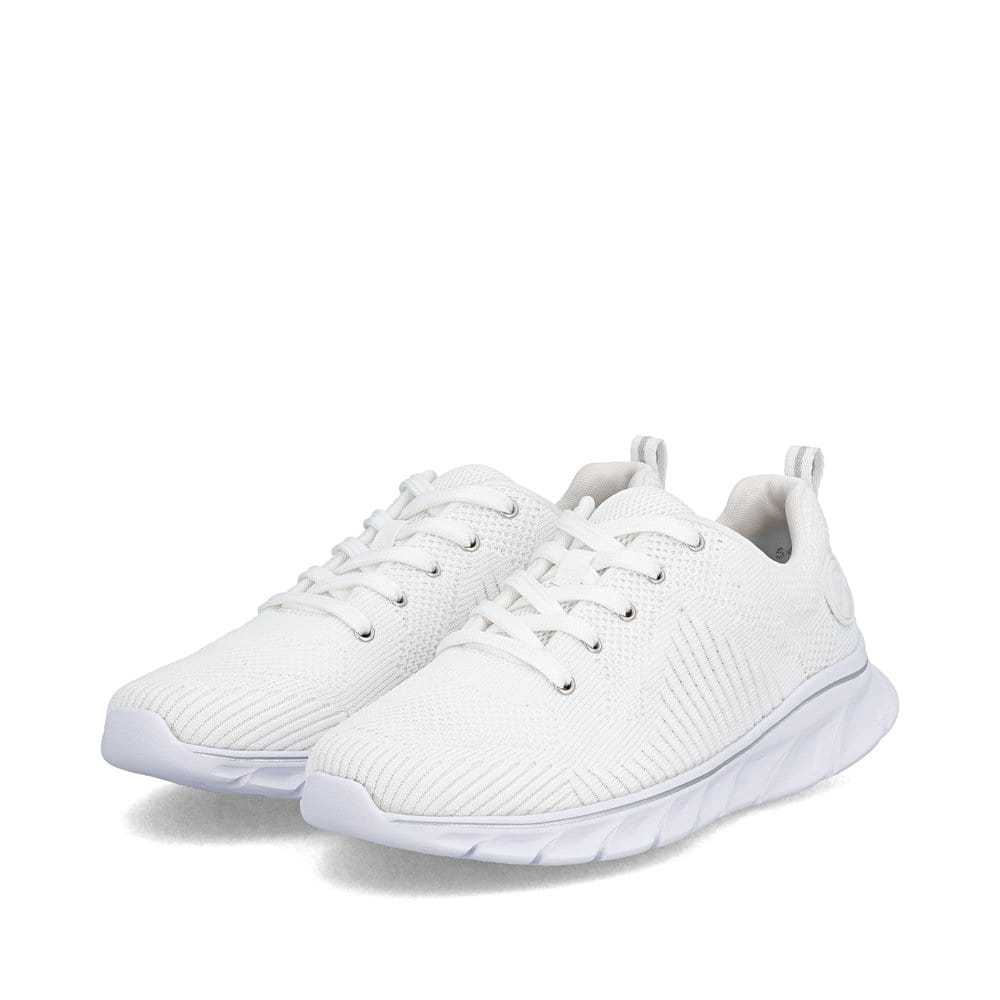 Weiße vegane Rieker Damen Sneaker Low 54022-81 mit einer Schnürung. Schuhpaar seitlich schräg.