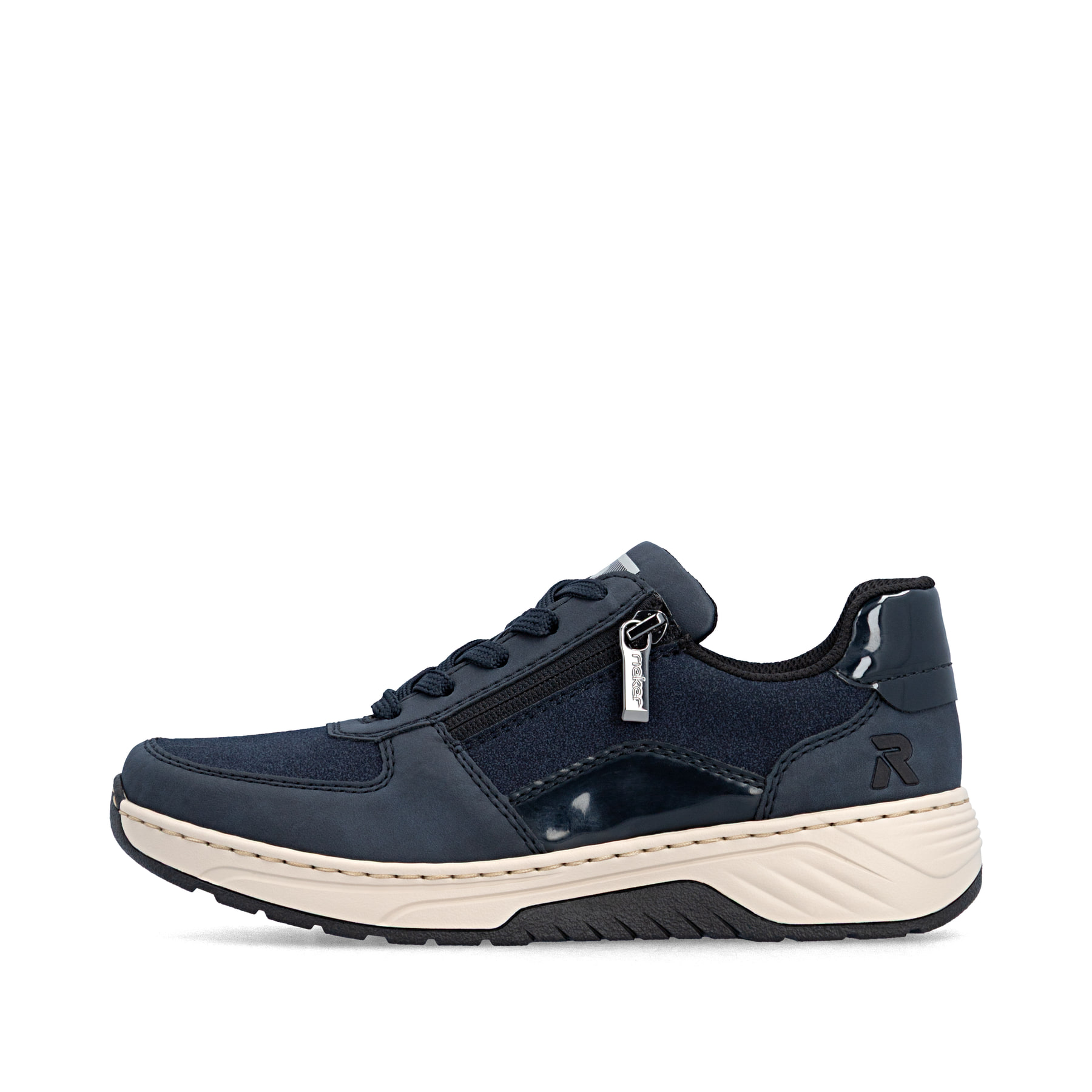 Dunkelblaue Rieker Damen Sneaker Low 53101-15 mit einem Reißverschluss. Schuh Außenseite.