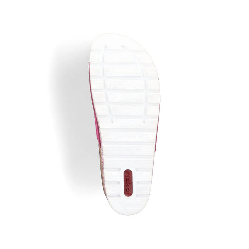 Mules Rieker roses pour femme 69562-31 avec fleur décorative. Semelle extérieure de la chaussure.