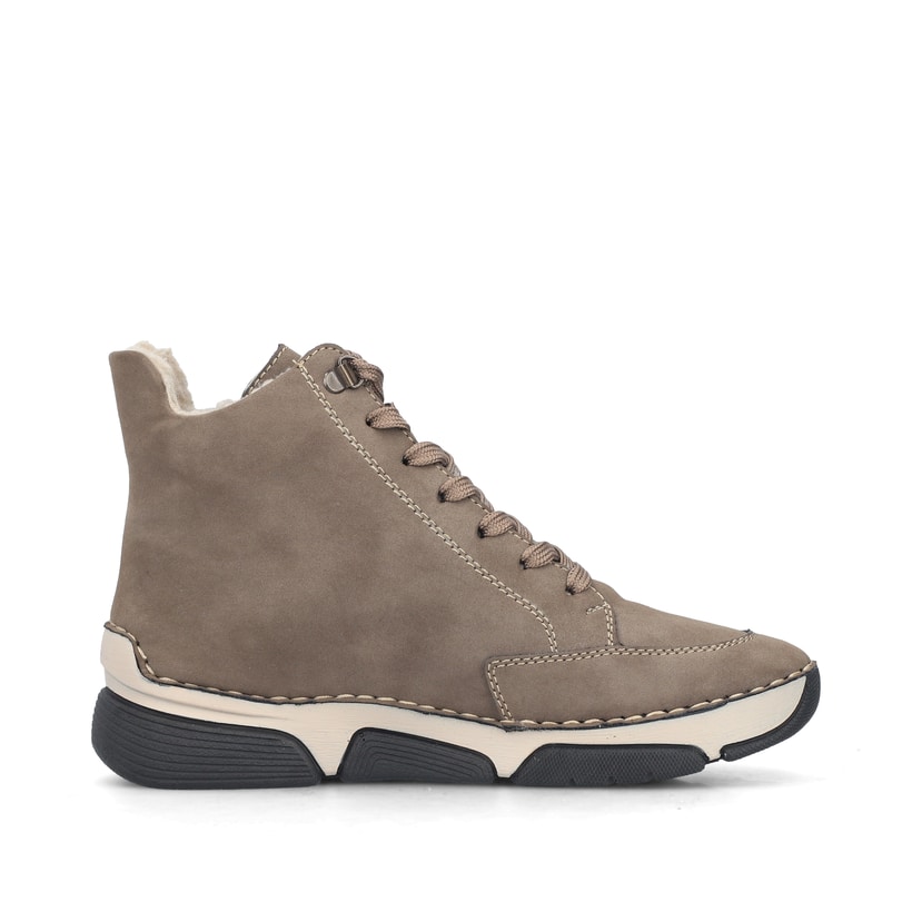 Braune Rieker Damen Schnürstiefel 45962-25 mit modernen Ziernähten. Schuh Innenseite.