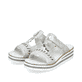 Graue Rieker Damen Pantoletten V02M6-40 mit modischen Flechtelementen. Schuhpaar seitlich schräg.