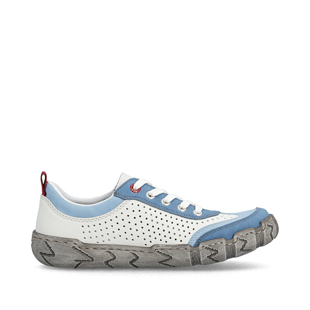 Weißblaue Rieker Damen Schnürschuhe L0307-80 mit eleganten Zierlochungen. Schuh Innenseite.