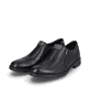 
Nachtschwarze Rieker Herren Slipper 10351-00 mit einer Profilsohle. Schuhpaar schräg.