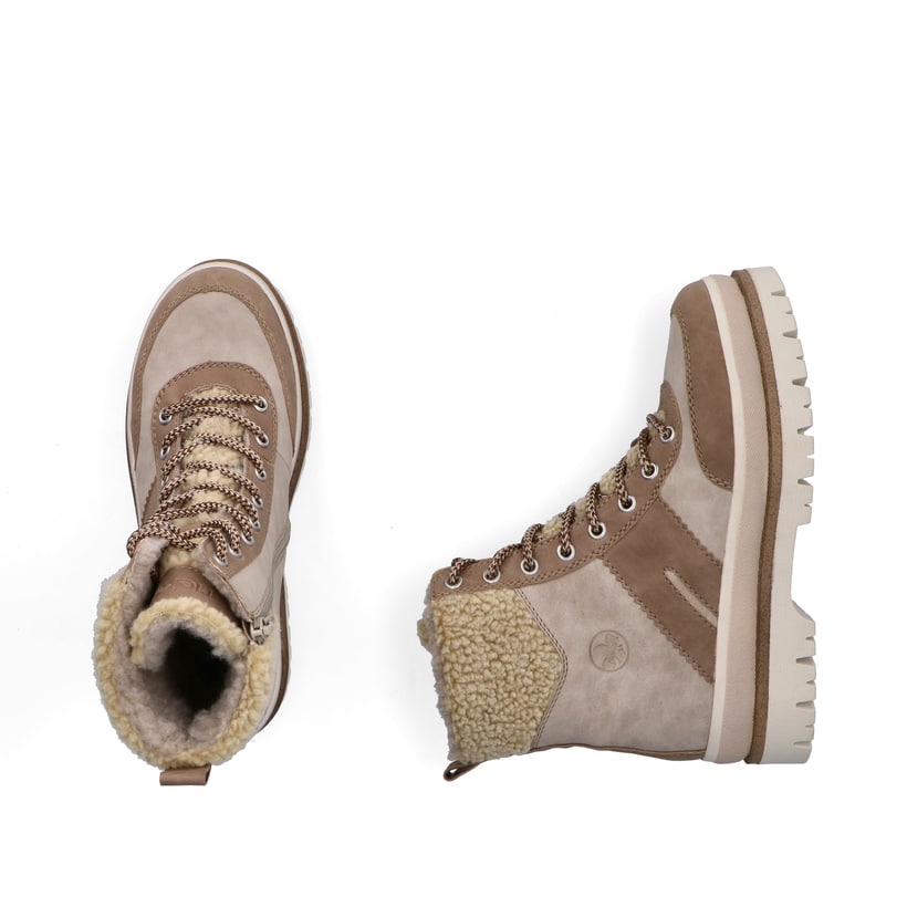 Beige Rieker Damen Schnürstiefel Y6230-62 mit Schaftkragen sowie Reißverschluss. Schuh von oben, liegend.